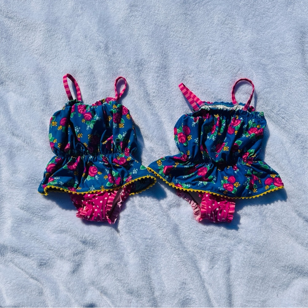 Mary Jane Floral Blue and Pink Kids Swim One Piece